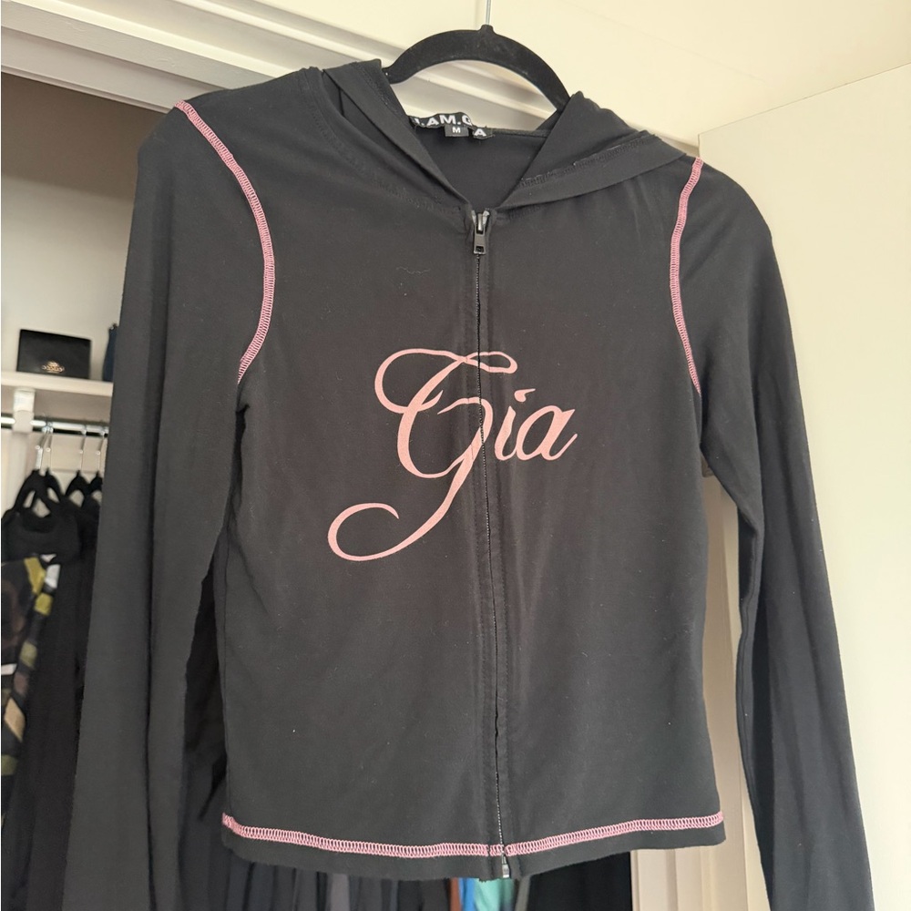 I.AM.GIA Black Zip-Up Hoodie with Pink Logo Detail
